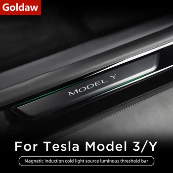 Tesla Model 3 Model Y Avto aksessuarlari uchun oltin arra avtomobil chegarasi paneli magnit induksion LED nurli yoritilgan xush kelibsiz Pedal