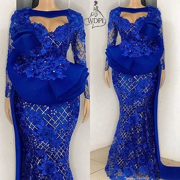 Real rasmlar Nigeriya ayol kiyim Royal Blue Vestidos de fiesta to'liq qisma kechki liboslar uzoq to'r Abendkleider Prom rido Aso